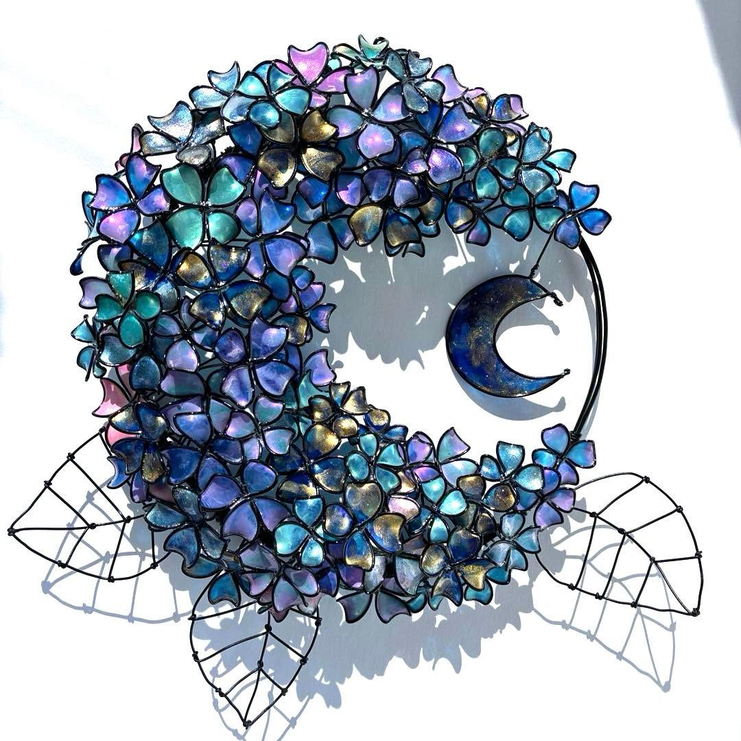 一点物　銀河　月×大きな紫陽花リース　ディップアート　アート　ワイヤークラフト