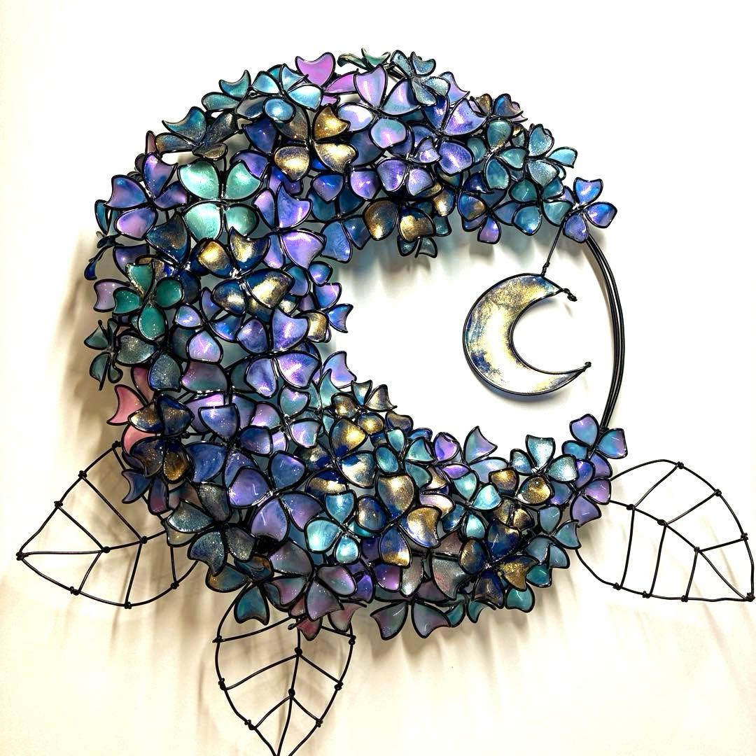 一点物　銀河　月×大きな紫陽花リース　ディップアート　アート　ワイヤークラフト