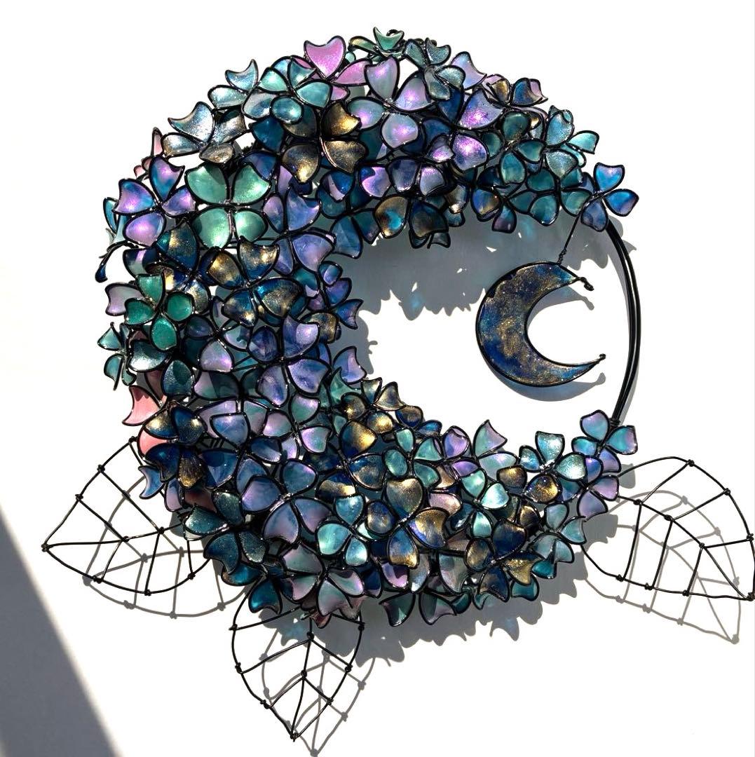 一点物　銀河　月×大きな紫陽花リース　ディップアート　アート　ワイヤークラフト