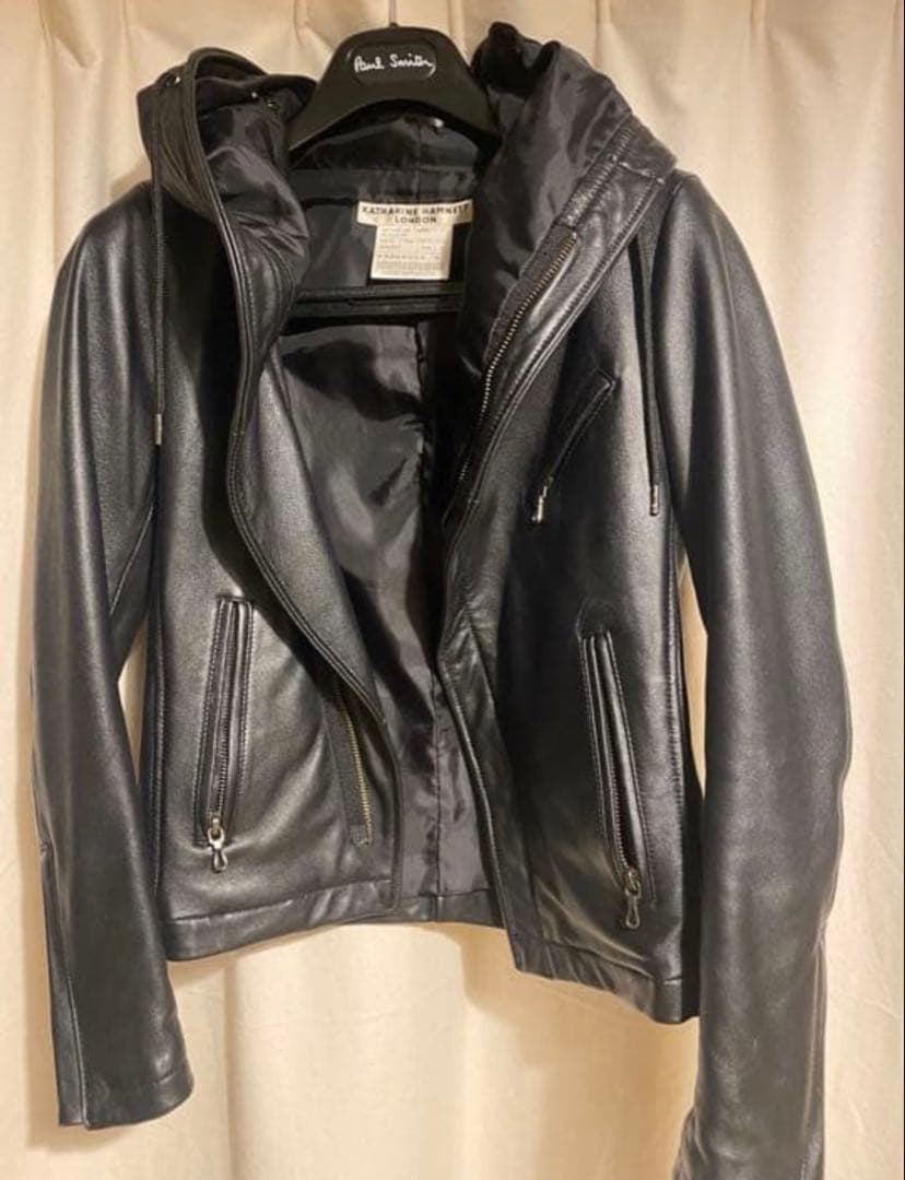 キャサリンハムネットロンドン フード付きライダースジャケット S 本革
