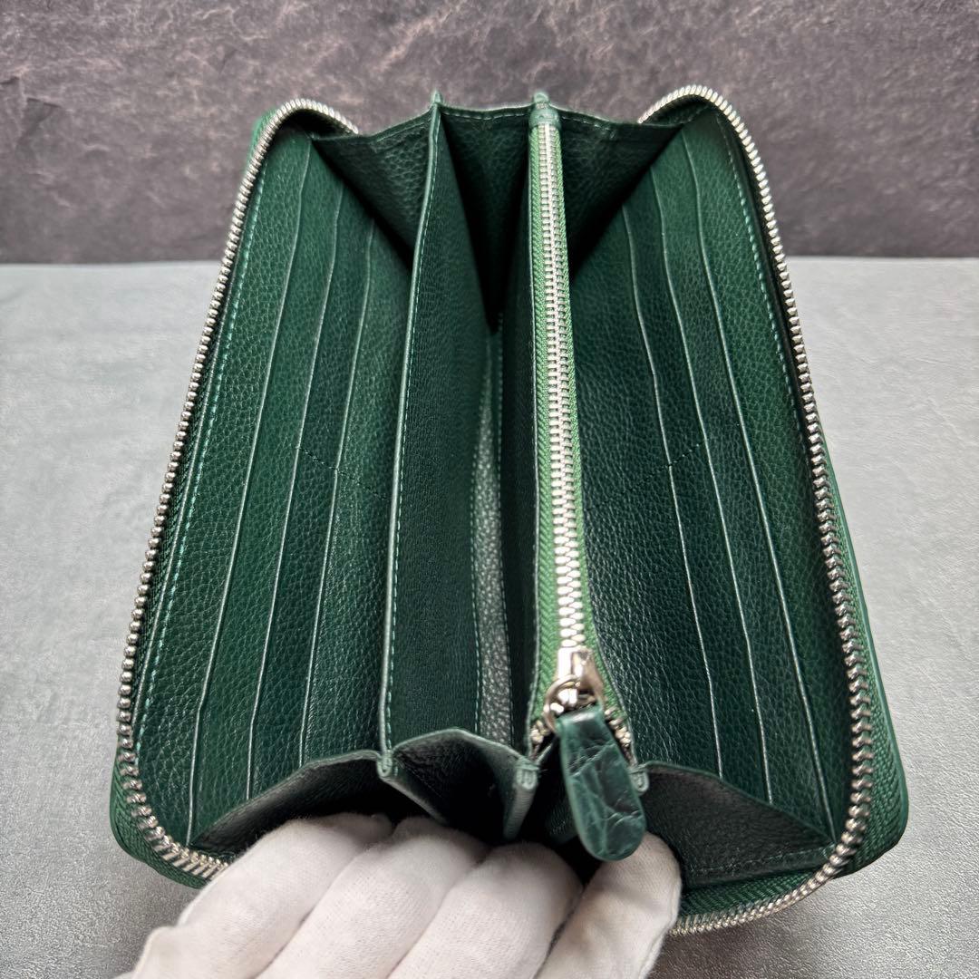 新品 クロコダイル 長財布 ダークグリーン シルバーファスナー 本革 ワニ革