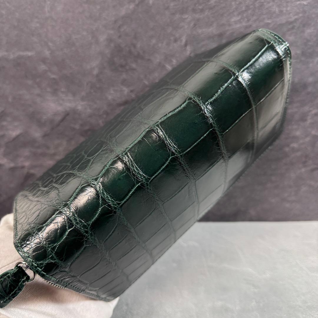 新品 クロコダイル 長財布 ダークグリーン シルバーファスナー 本革 ワニ革