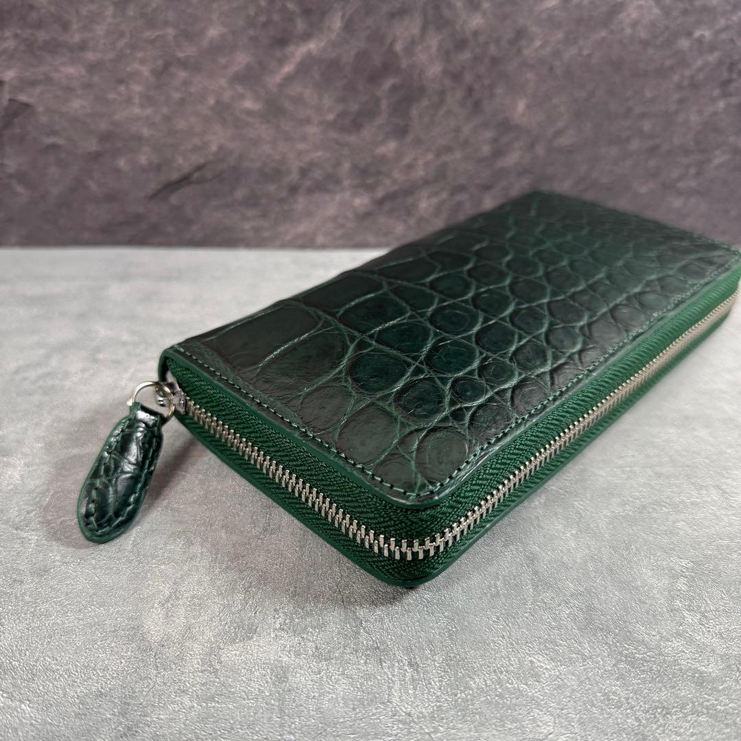 新品 クロコダイル 長財布 ダークグリーン シルバーファスナー 本革 ワニ革
