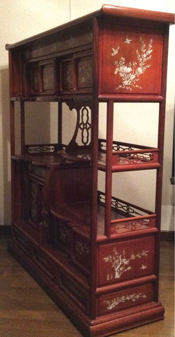 螺鈿細工 茶箪笥 昭和レトロ シェルフ 茶棚 貝 手作り 古道具