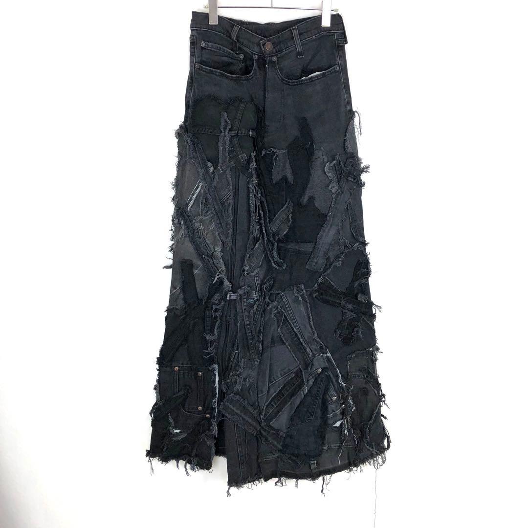 3052 リメイク　デニムスカート　再構築　パッチワーク　黒