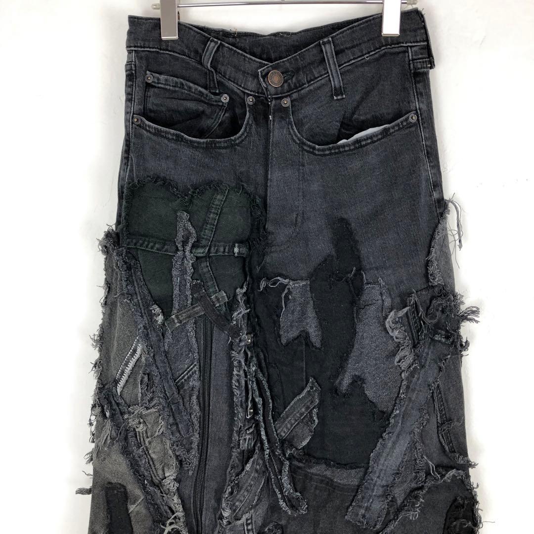 3052 リメイク　デニムスカート　再構築　パッチワーク　黒