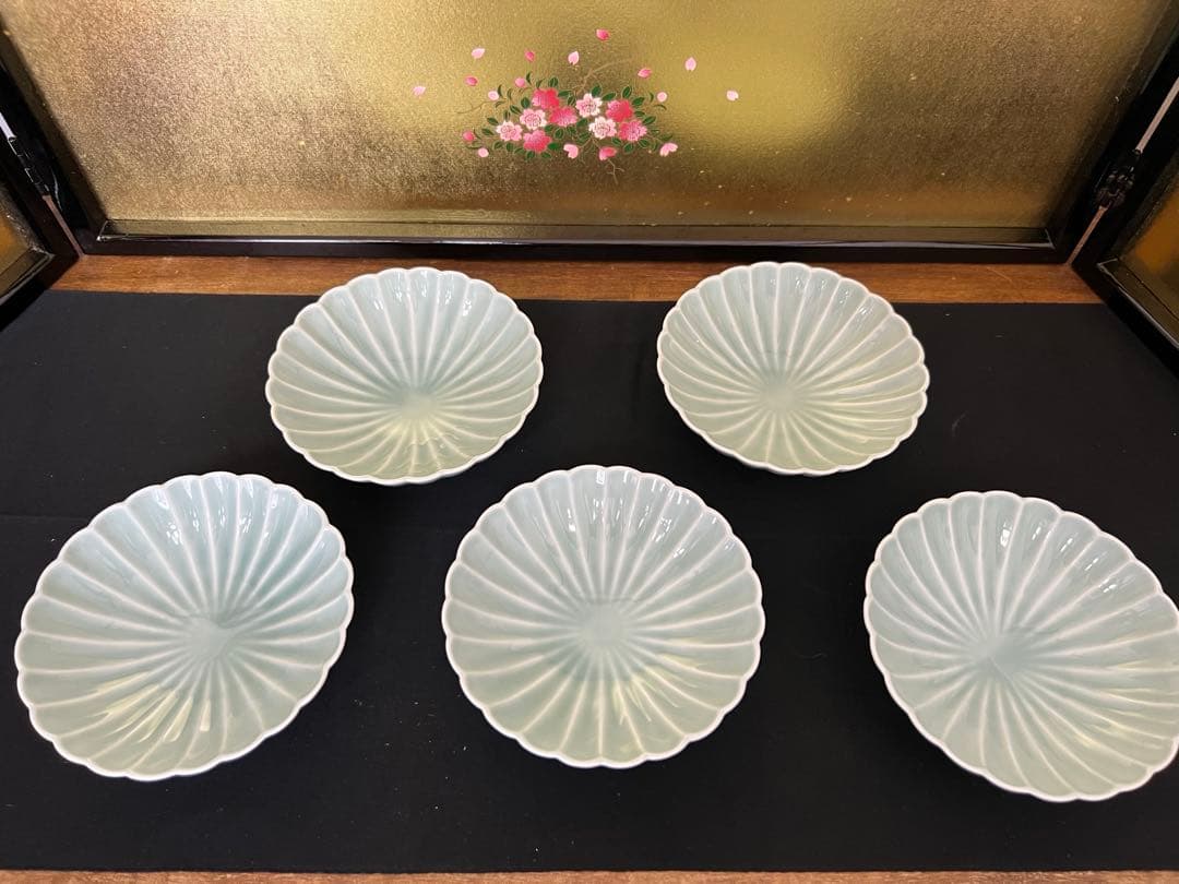 深川製磁 青磁　菊割　小付揃 和皿揃　5枚セット