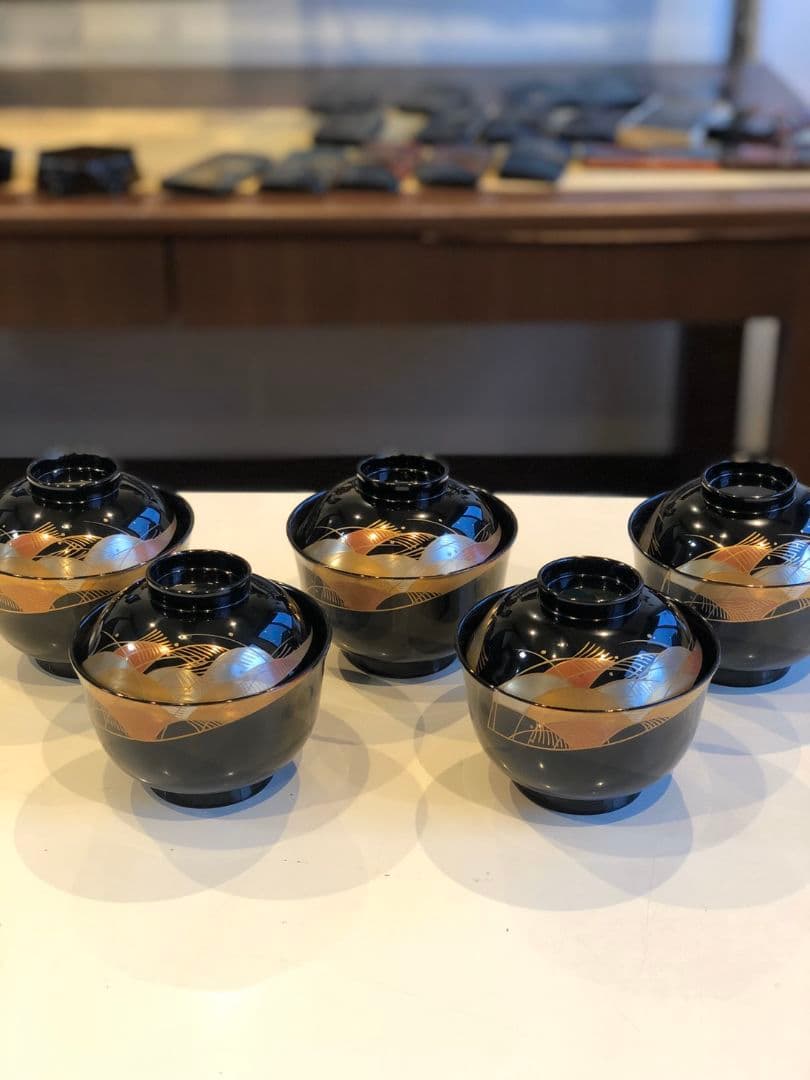 【訳あり】木製漆塗　千鳥型　波にススキ磨き蒔絵　むさし野　黒　５客組