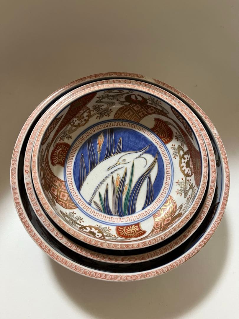 骨董　器　古伊万里　色絵鷺図大中小3つ揃え　鉢　幕末　蔵出し　有田焼　工芸品