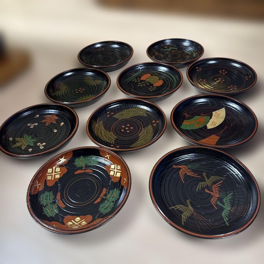 【平安表派 川瀬表完作 佐野長寛写？　 変絵 銘々皿×10客】天然木製