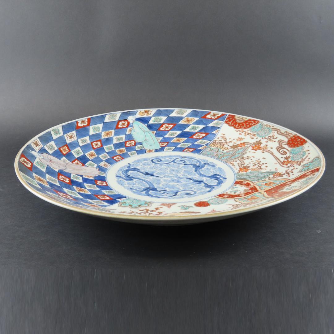⭕252 美品 古伊万里 錦手 市松紋竜田川文様 大皿 無傷 46cm 江戸時代