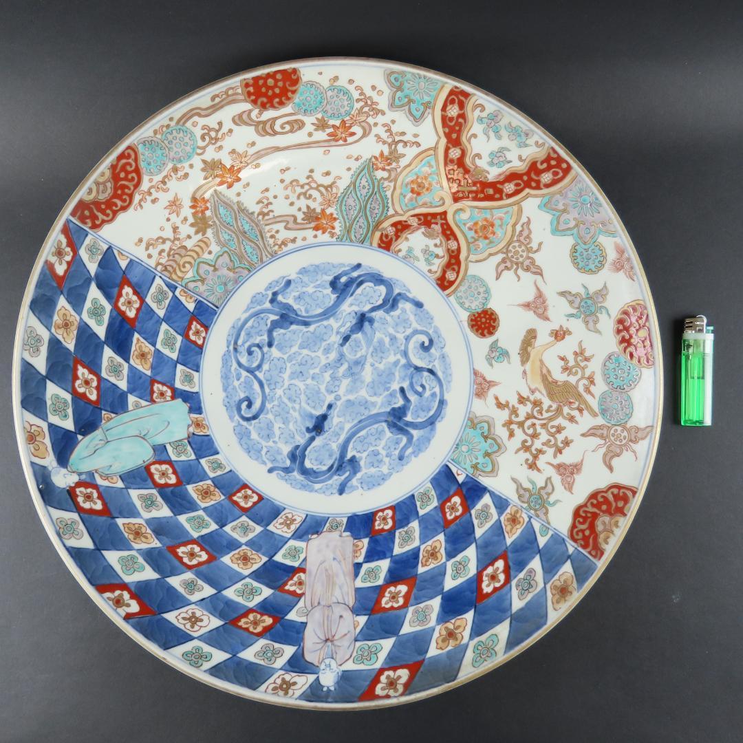 ⭕252 美品 古伊万里 錦手 市松紋竜田川文様 大皿 無傷 46cm 江戸時代