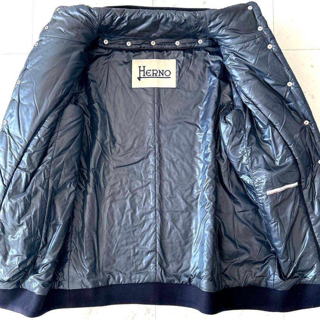 美品 ヘルノ HERNO ウール切替 ドッキング中綿コート ネイビー 42 紺