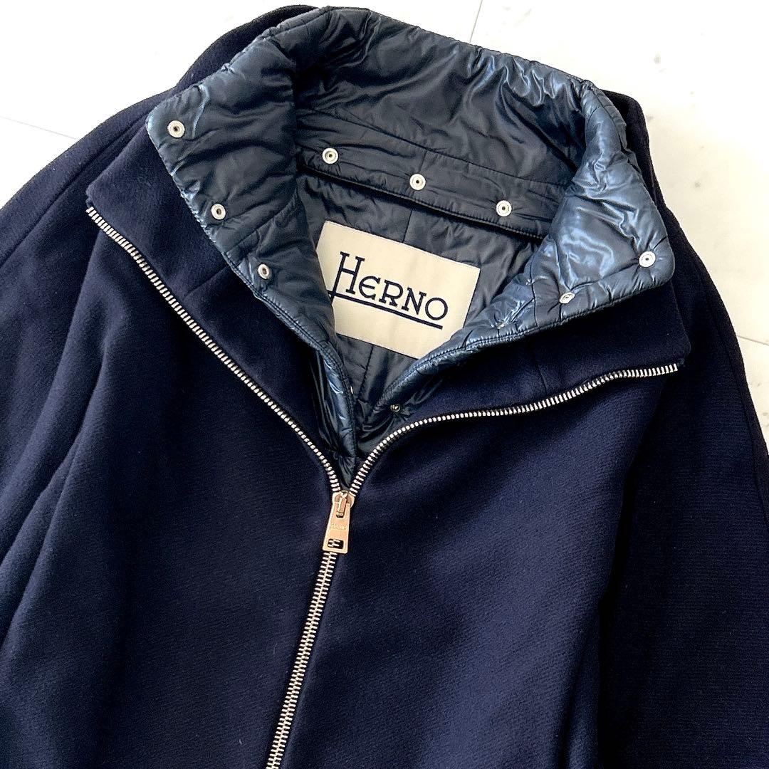 美品 ヘルノ HERNO ウール切替 ドッキング中綿コート ネイビー 42 紺