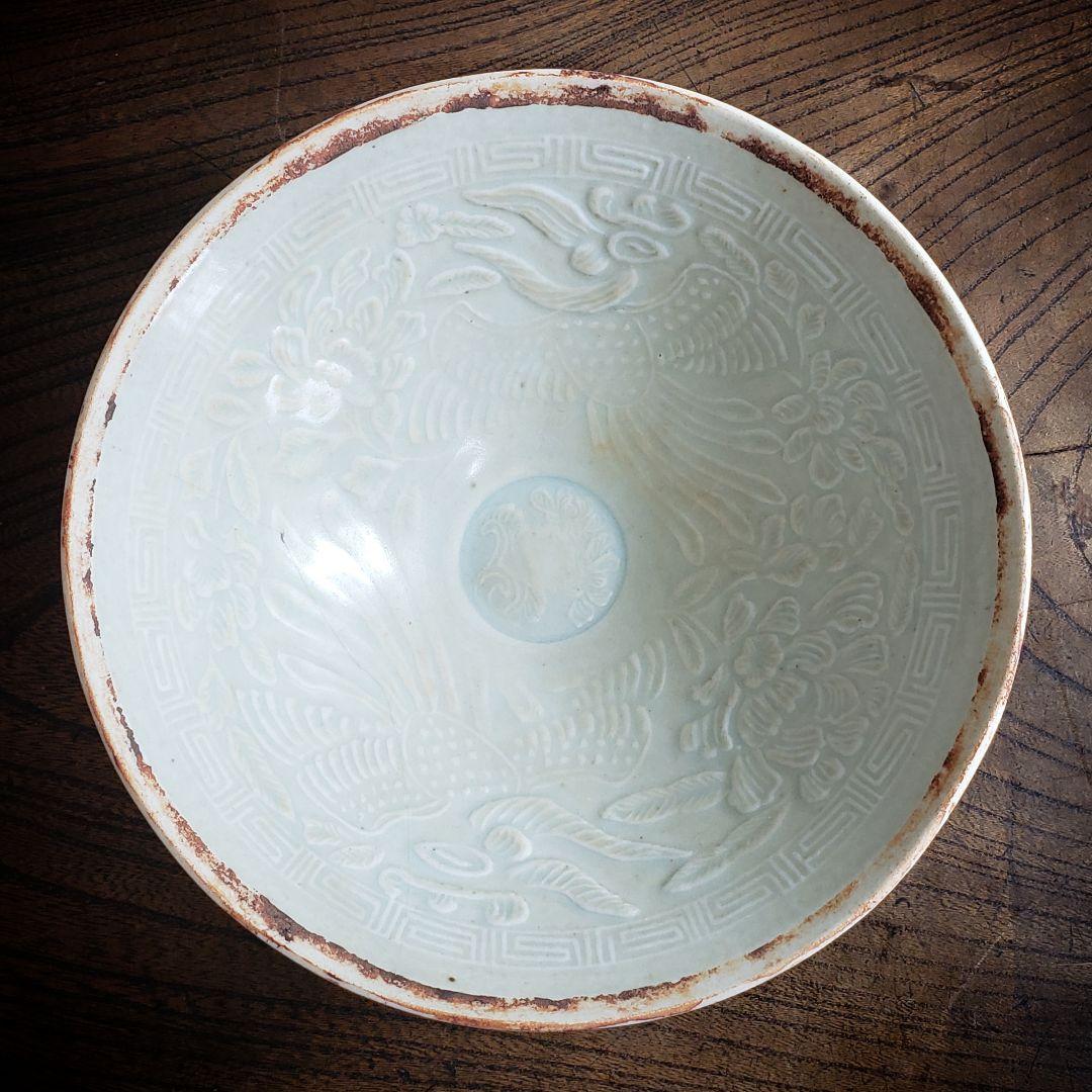 椀　青白磁　鳳凰　花文様　訳あり　割れ直し　中国古美術　宋