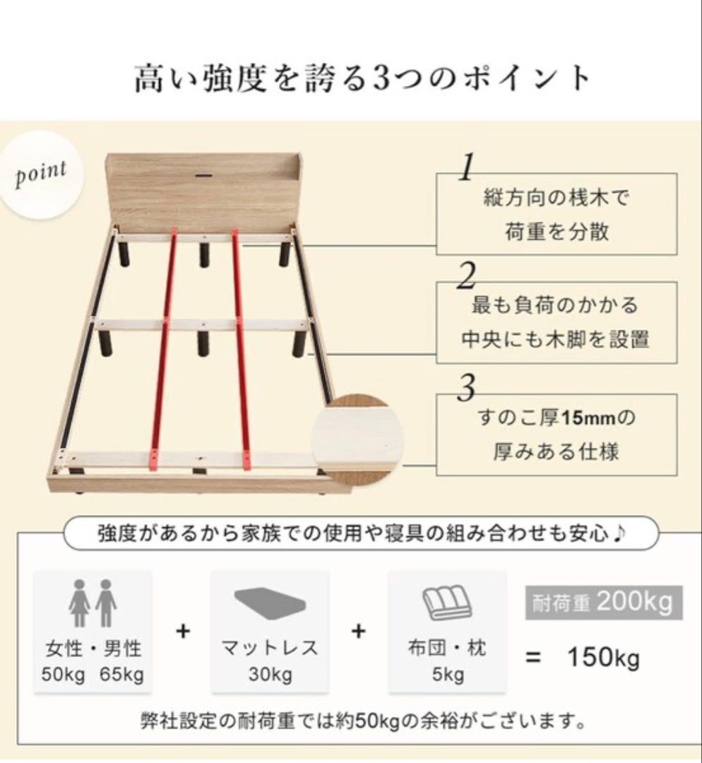 《美品》ニトリ ダブル ベッド ベッドフレーム すのこ 棚付 ホワイト 引取限定