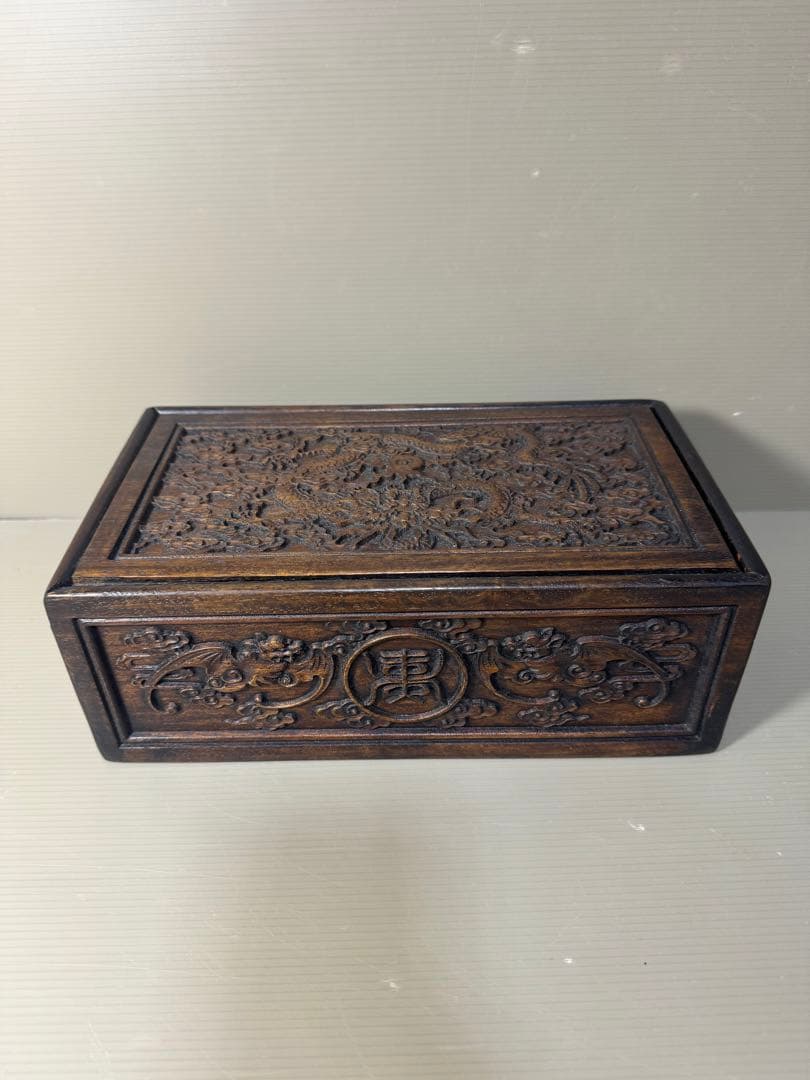 2373 古美術品　細密彫　龍文　木箱　首飾箱　時代物