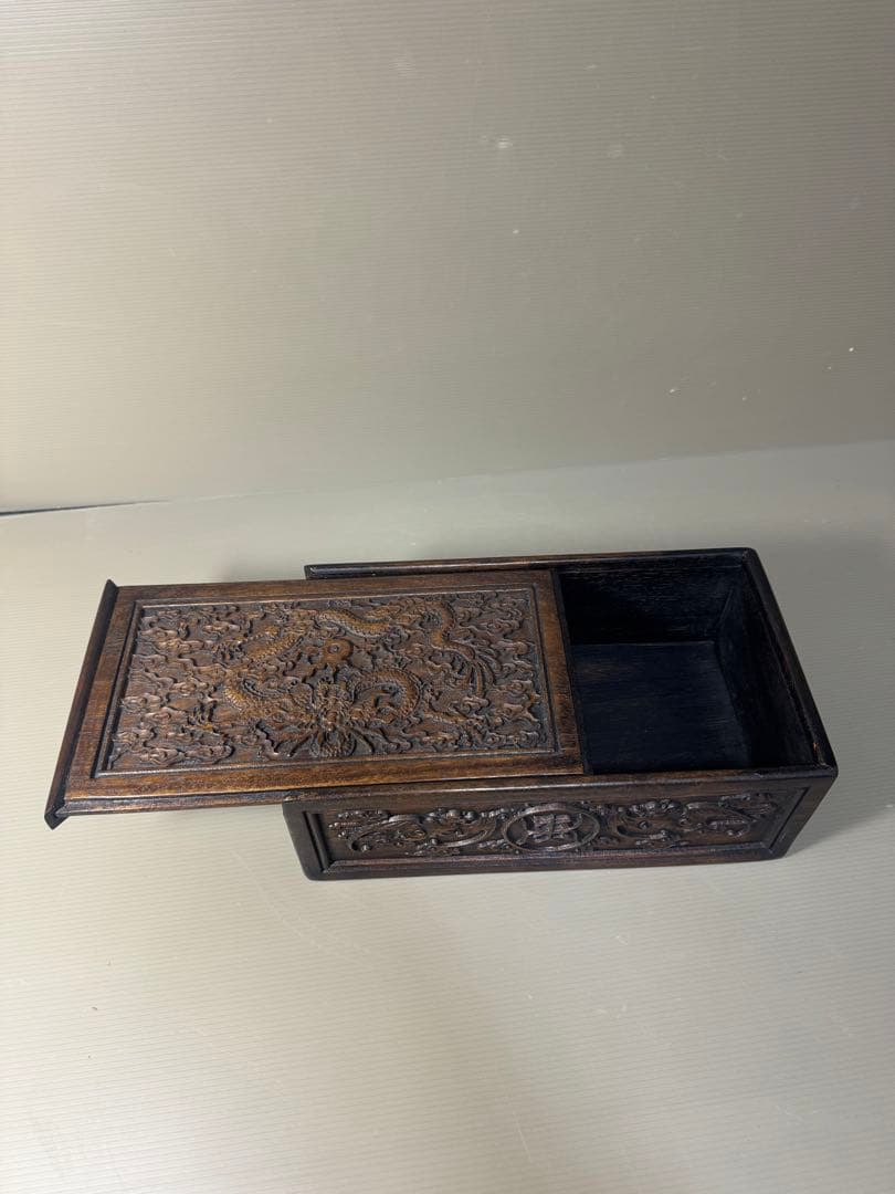 2373 古美術品　細密彫　龍文　木箱　首飾箱　時代物