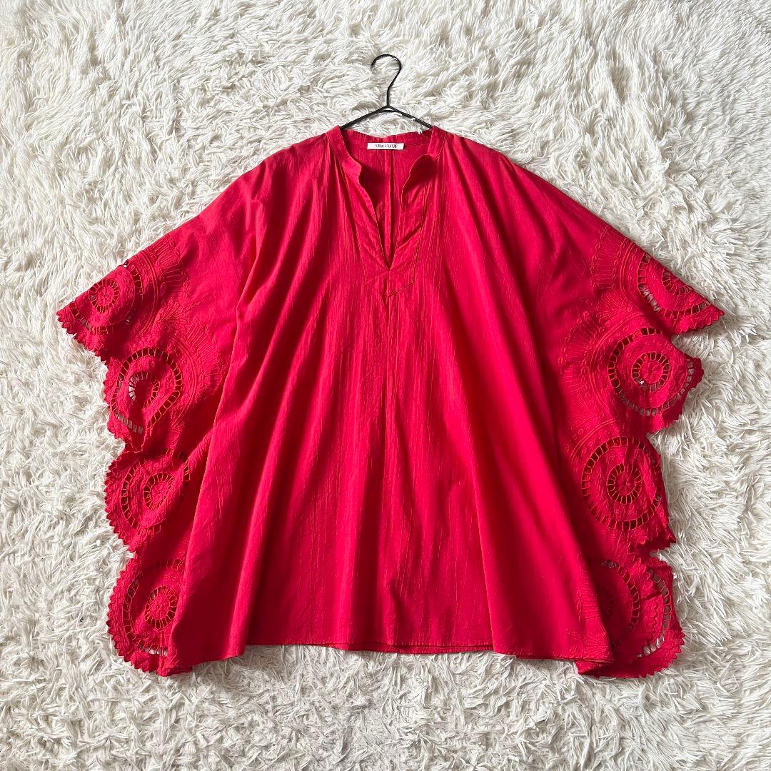 【美品】ハウスオブロータス 刺繍ケープブラウス フリル袖 赤 リゾート体型カバー