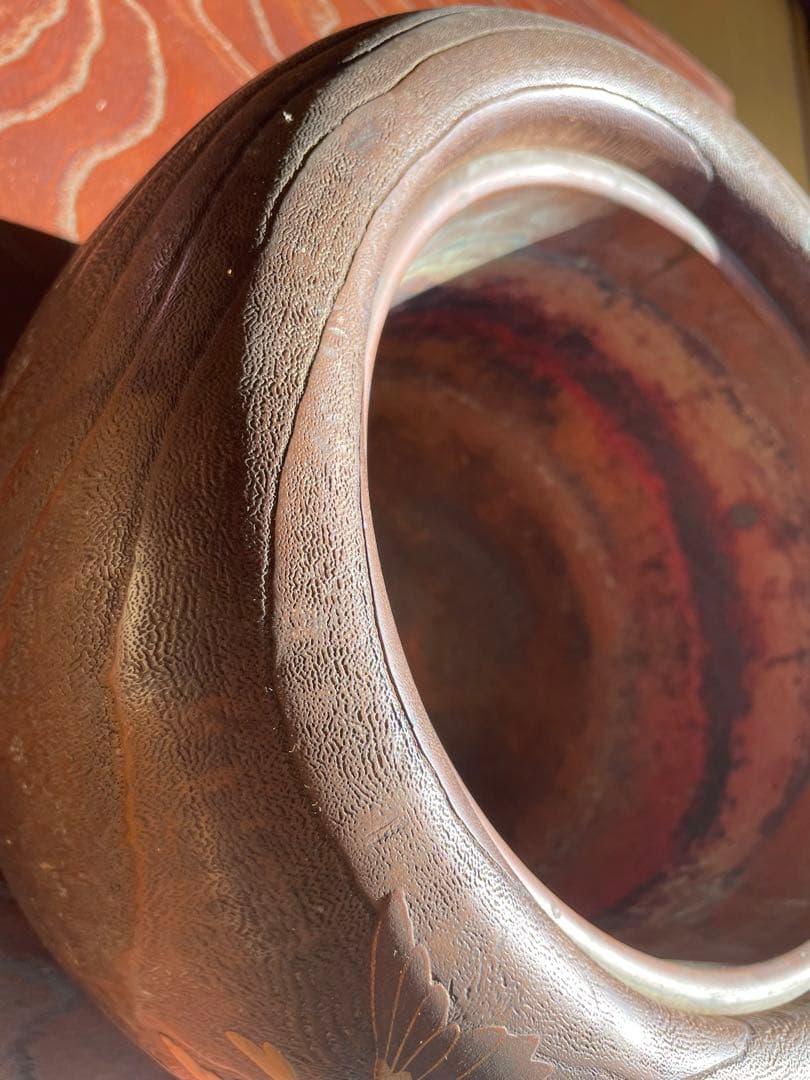 希少　木製火鉢 金箔装飾 花柄デザイン　１００年前　骨董品