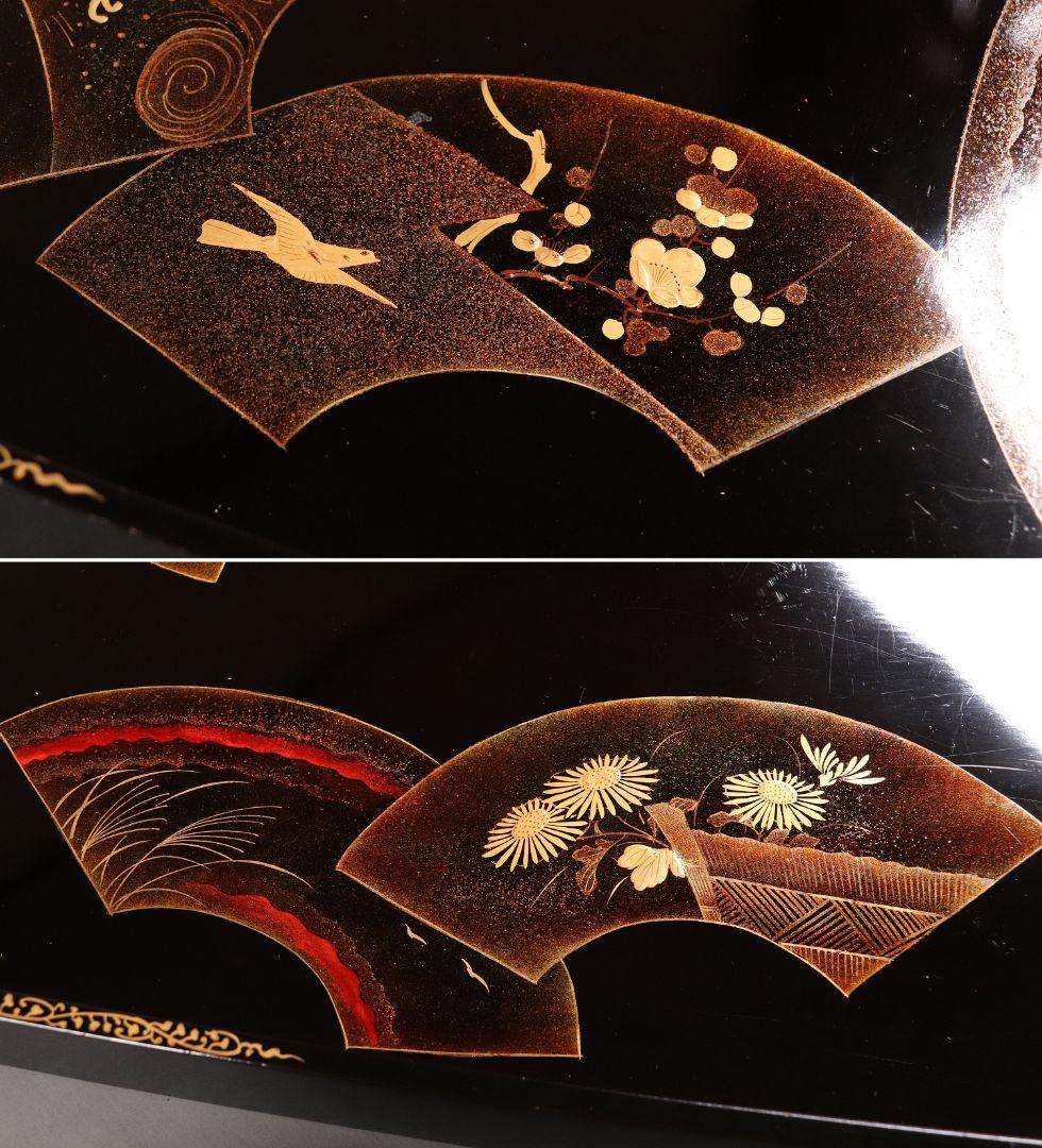 時代 広蓋 二枚組 59.1cm 扇面めでた図蒔絵 長方盆 木製【MA278】