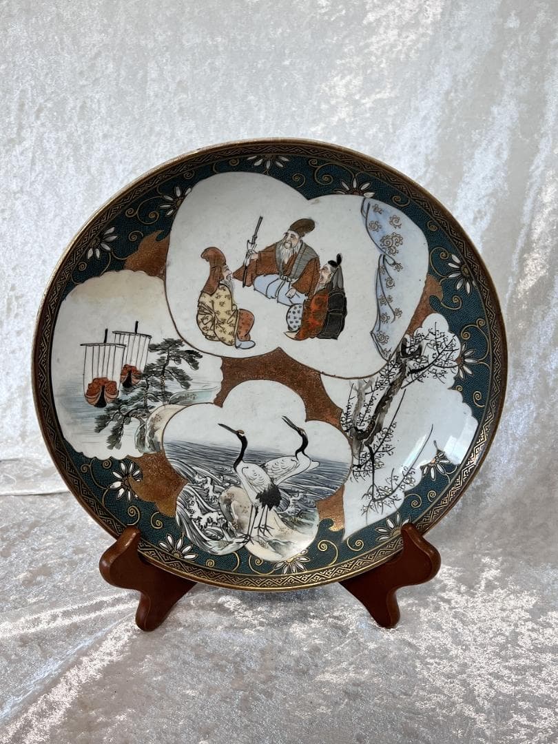 九谷焼青粒金彩割取皿　明治期 松竹紋　双鶴紋　翁紋