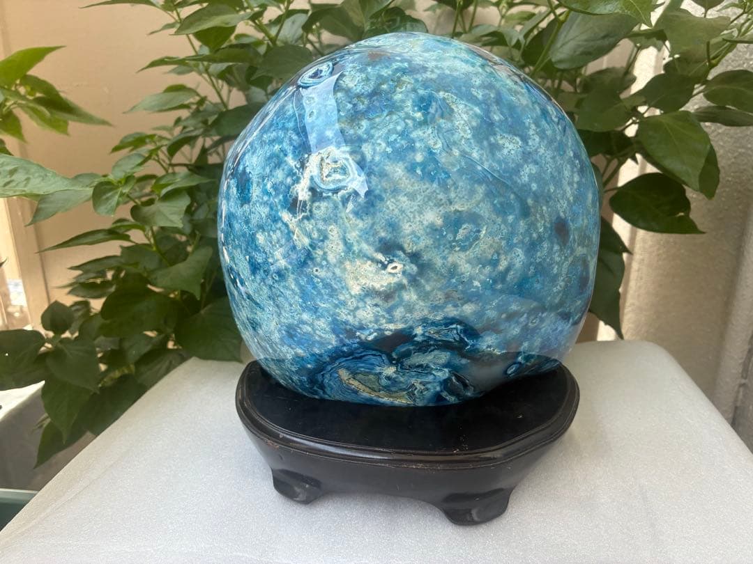 銭亀模様 青瑪瑙 天然石 原石 全面磨き 大型 インテリア 置物 台座付き