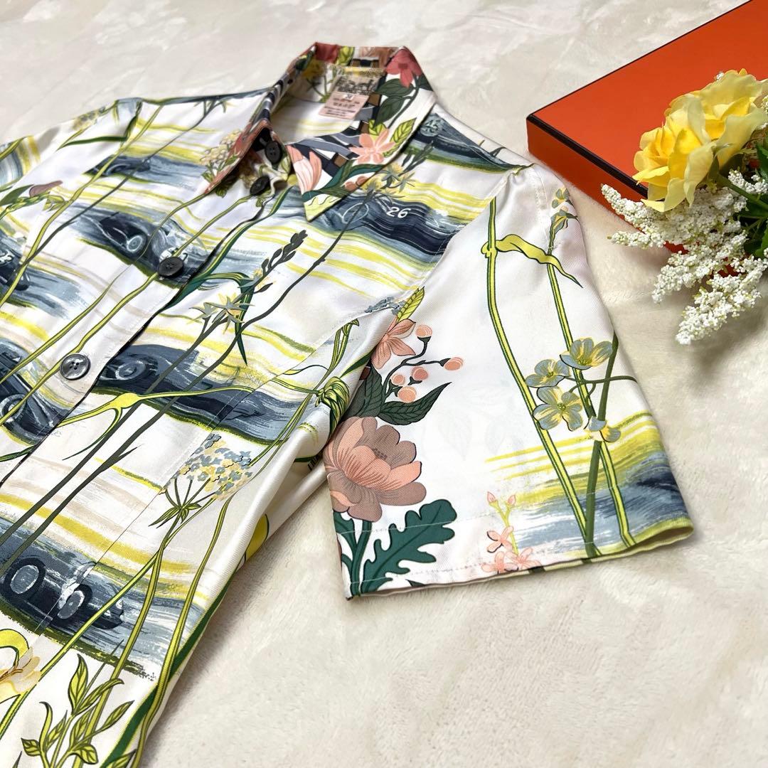 【超美品✨】HERMES★シルク★半袖 ブラウス★総柄★34