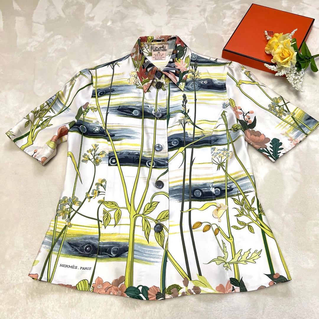 【超美品✨】HERMES★シルク★半袖 ブラウス★総柄★34