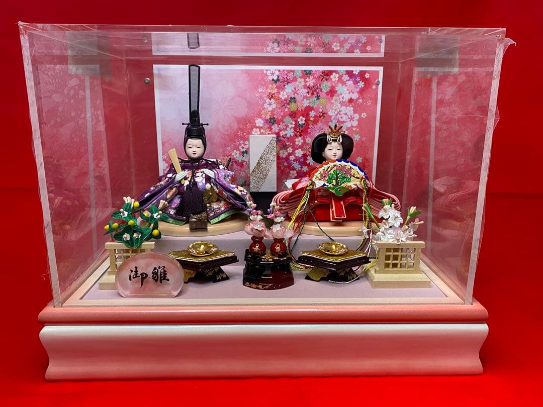 おぼこ　雛人形ガラスケース親王飾り・サイズ間口約３８×奥行約２７×高さ約２９㎝