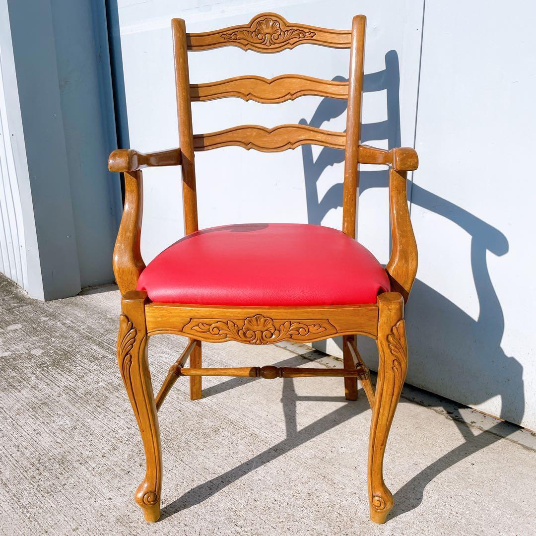 【極美品】フランスアンティーク アームチェア ダイニングチェア 猫脚 赤レザー①