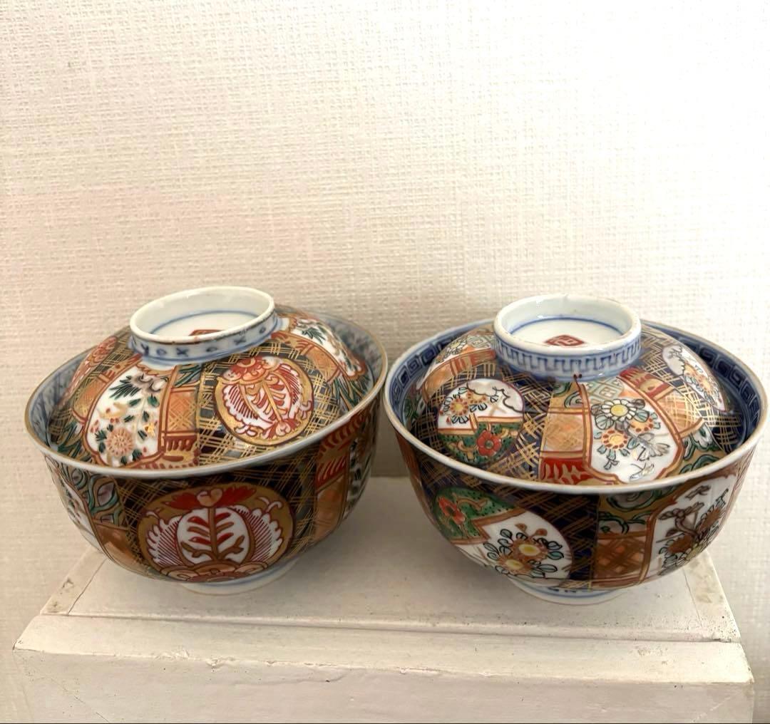 古伊万里　蓋付き茶椀　2客セット　幕末〜明治頃　骨董