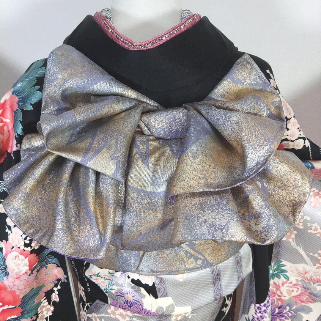 格安！！　振袖フルセット　11点　成人式　結婚式　前撮り　黒　ブラック　絞り　紫