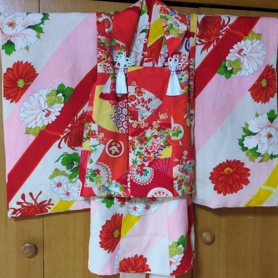 七五三３歳アンティーク着物と正絹手縫いの被布(中綿無し）