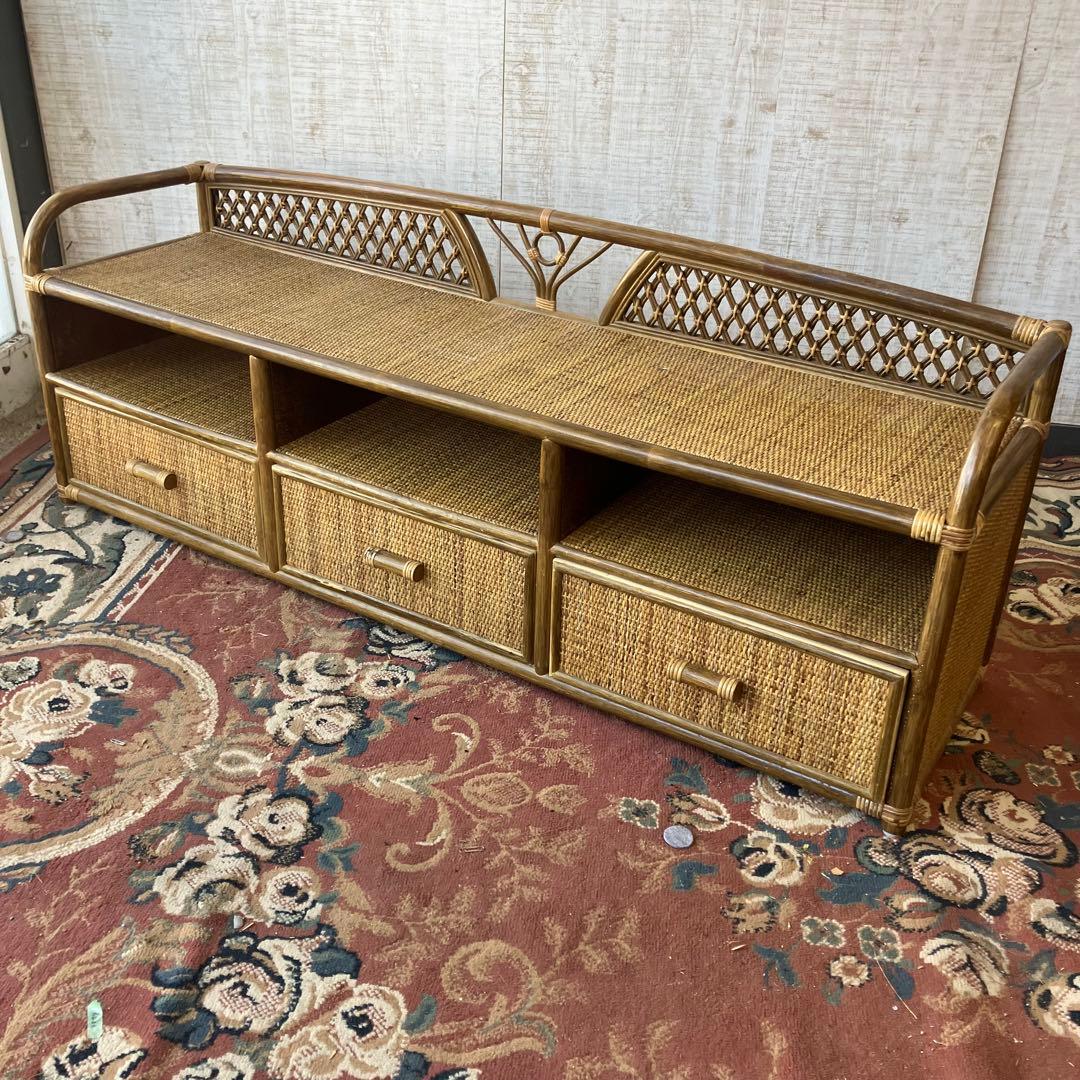 昭和レトロ 大型 ラタンサイドボード テレビ台 古家具 2段3杯 引き出し箪笥