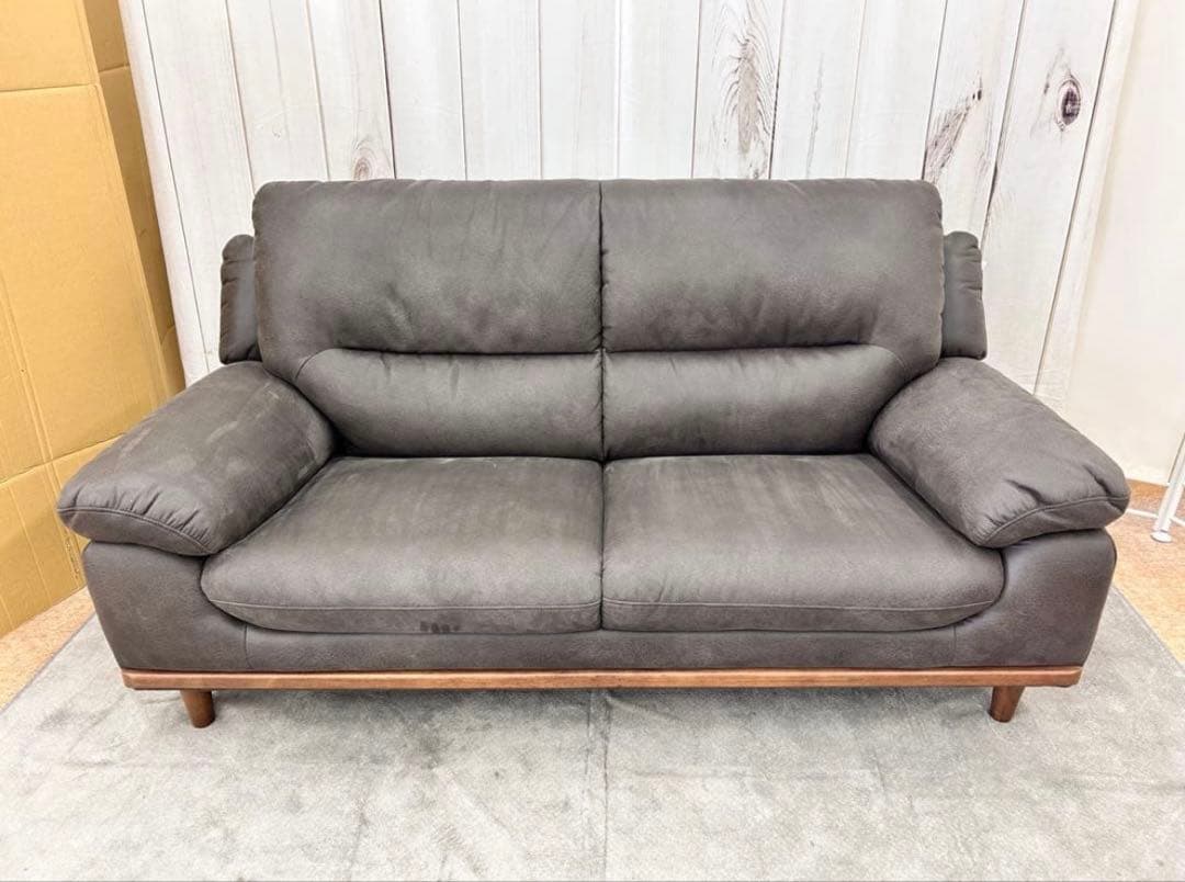 3人掛けソファー　ファブリックレザー調　ダークグレー