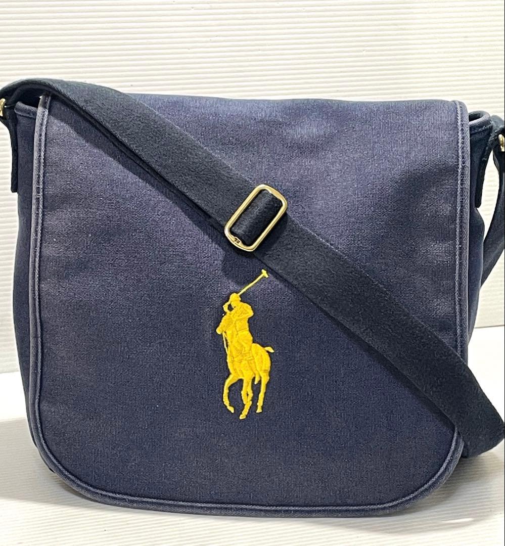美品 POLOラルフローレン 斜め掛けメッセンジャーバッグ ネイビー刺繍ロゴ