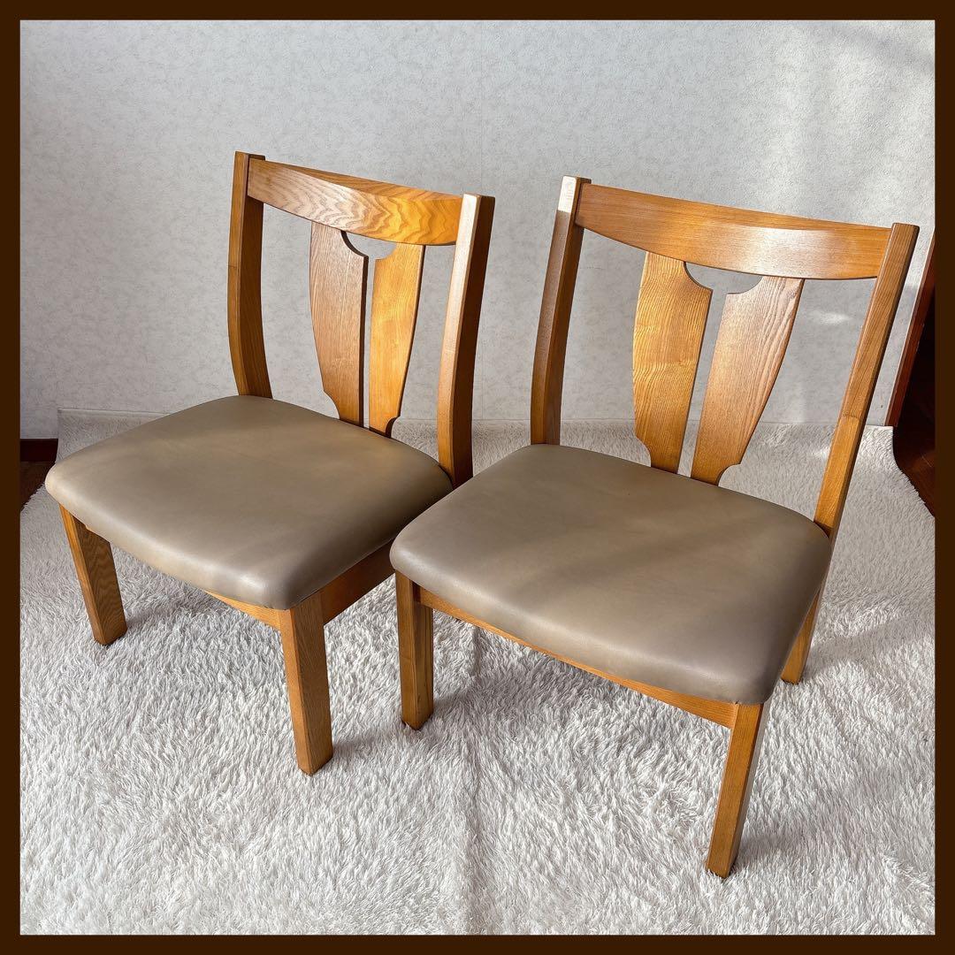 2脚セット】飛騨産業　キツツキマーク ダイニングチェア 座面レザー 高さ低め