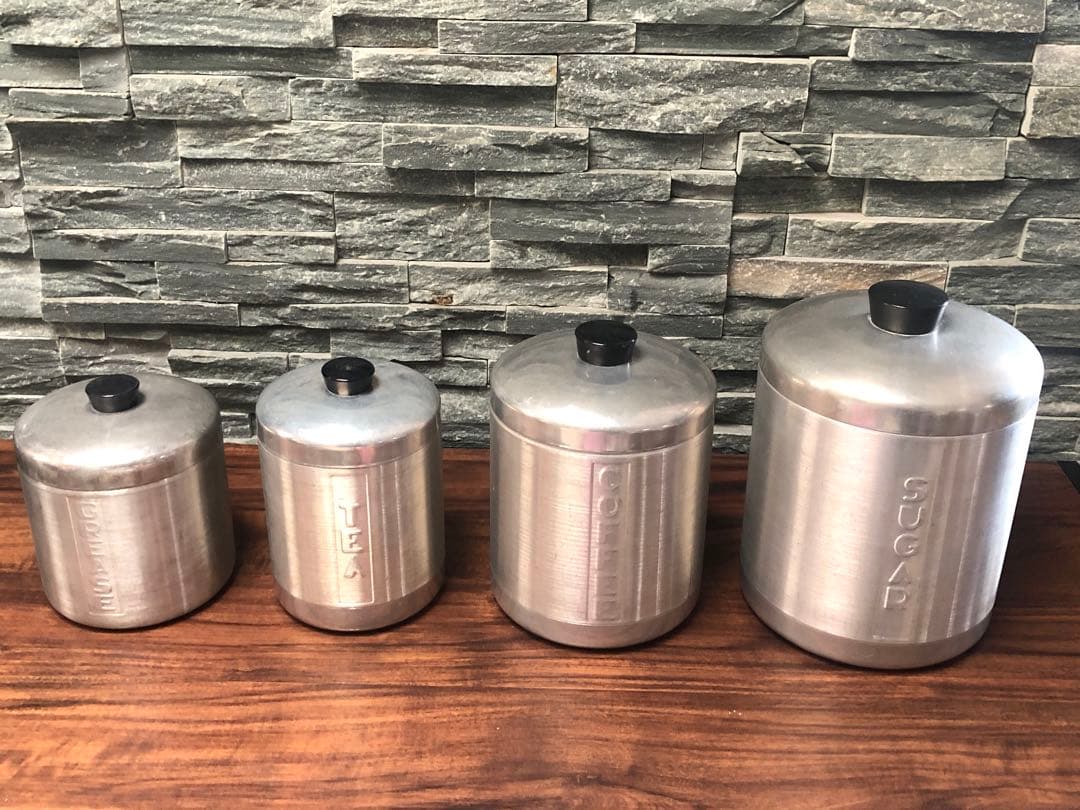 アメリカンヴィンテージ★無骨なアルミ製キャニスター4個セット★男前キッチンに最適