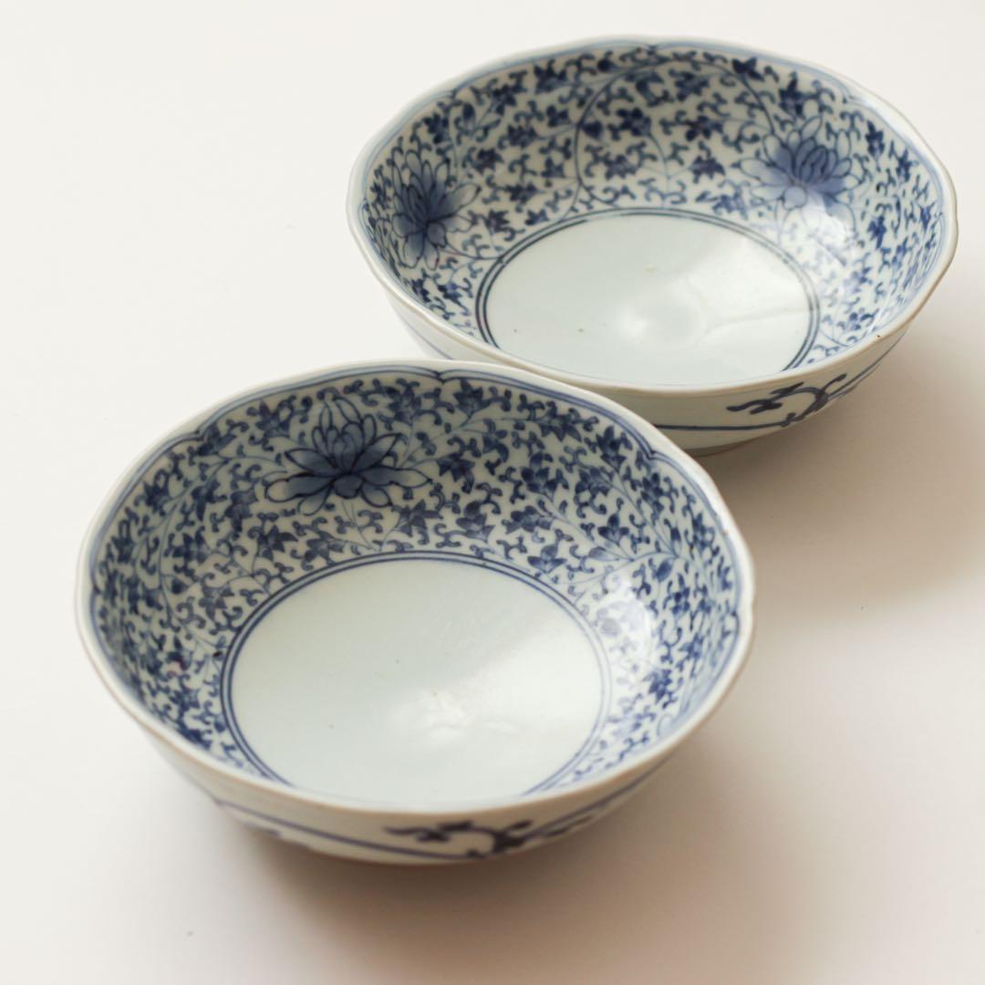 伊万里　古伊万里　江戸　中期　深皿　なます　皿　花唐草　2客セット