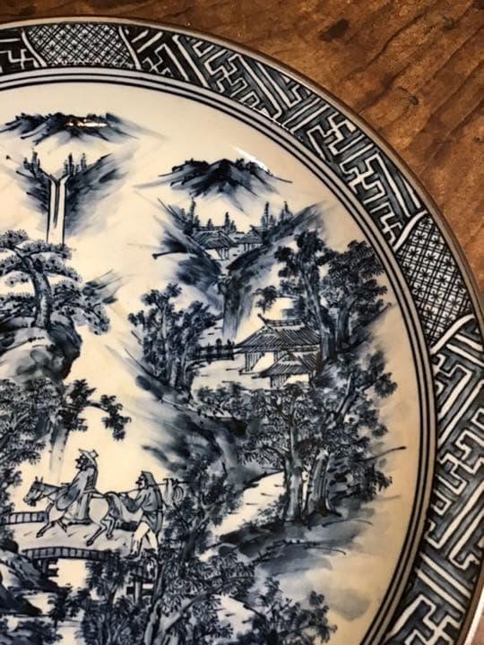 下道万象　染付山水人物画　唐絵　飾皿　九谷焼