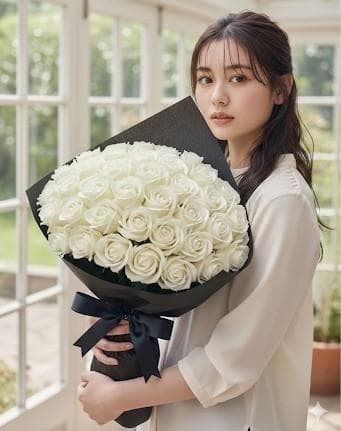 2.16記念日に 永遠に咲くサヴォンローズ モノトーン花束 黒リボン 推し活に