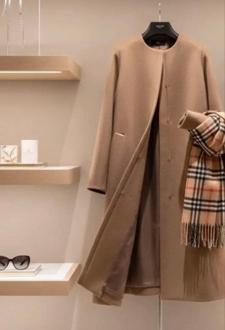 最終✨シップス24AW シャルム ビーバー ノーカラー ロング コート　ブラウン