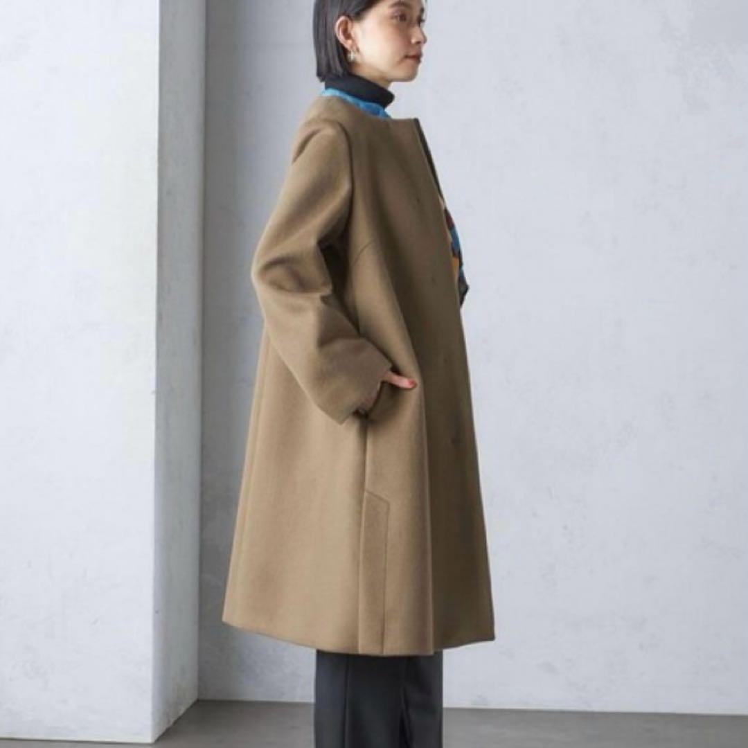 最終✨シップス24AW シャルム ビーバー ノーカラー ロング コート　ブラウン