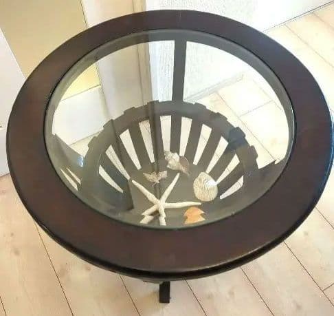 アジアン・バリ家具　木製ガラストップ円形テーブル