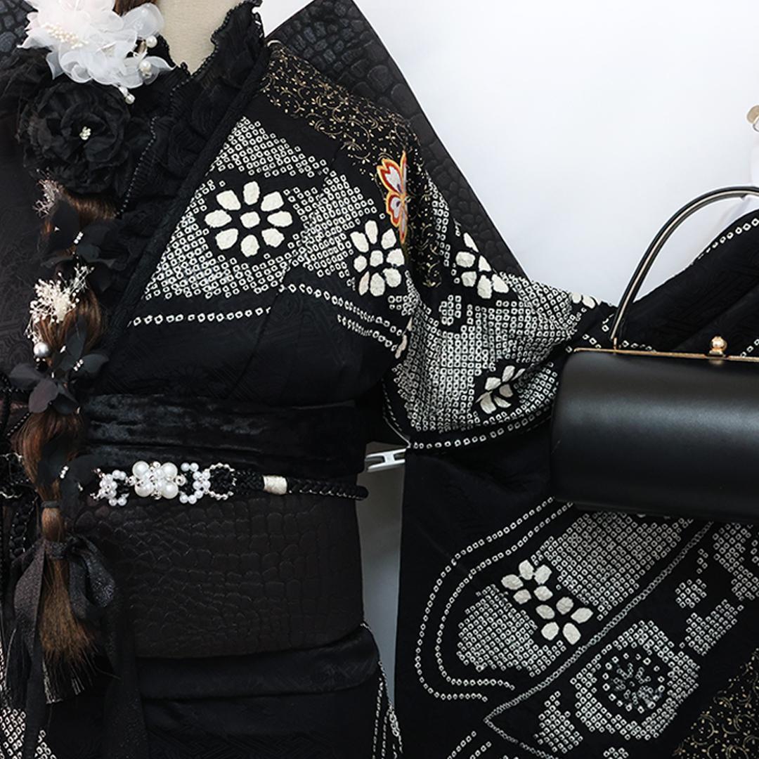 絞り黒モノトーン系◆ 振袖6点セット166.5cm ◆成人式フルセットcf75