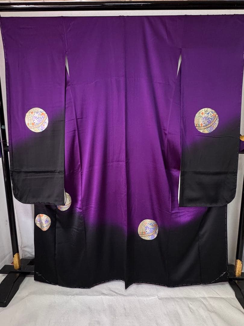 [美品] ヴィンテージ　振袖　成人式　手縫い　紫　黒　繻子　綸子　結婚式