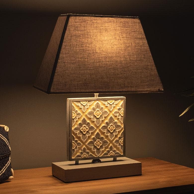 テーブルランプ コットンシェード 木彫り風スタンド イエローフラワー 間接照明