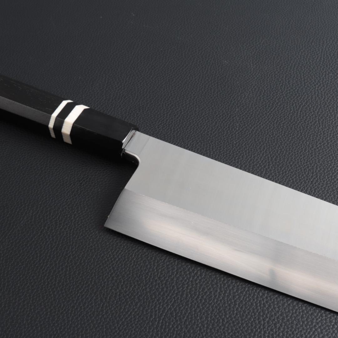 10572 梵静刃物 究極の出刃包丁 尺 刺身包丁 黒檀黒水牛角白三本巻八角柄