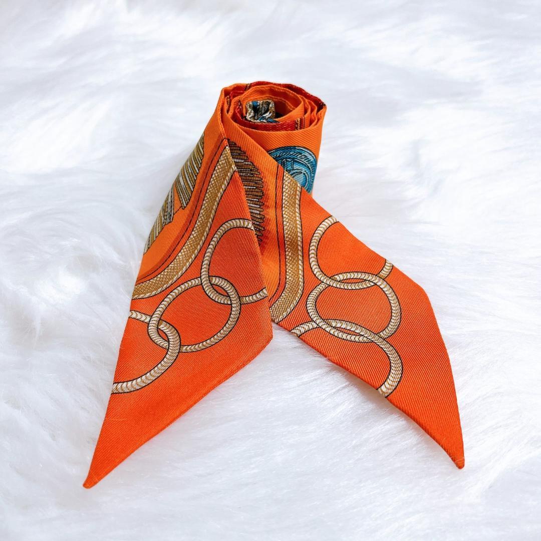 美品　エルメス　ツイリー　シルクスカーフ　ズアヴ　ドラゴン　オレンジ